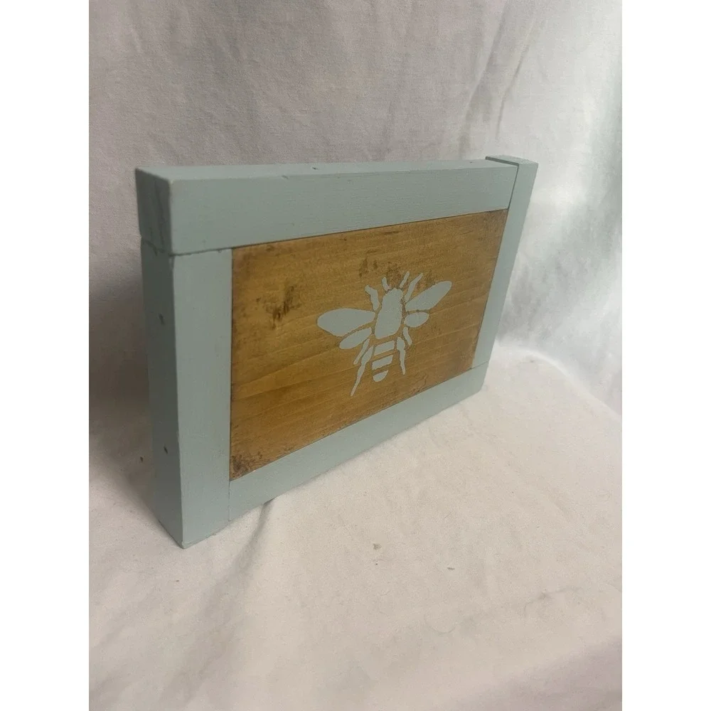 Handmade wooden blue Bee art cottage farmhouse spring summer Shelf Sitter Decor
